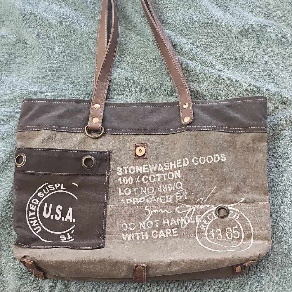 Stonewashed Canvas Tote Bag - Gray and Brown